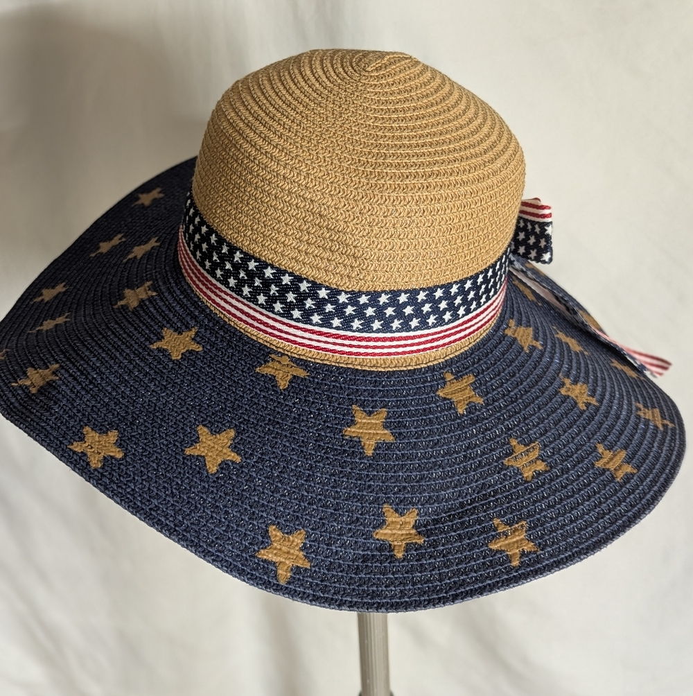 Stars And Stripes Floppy Wide Brim Hat Red White Blue Ribbon Adj Int Headband - Picture 3 of 7